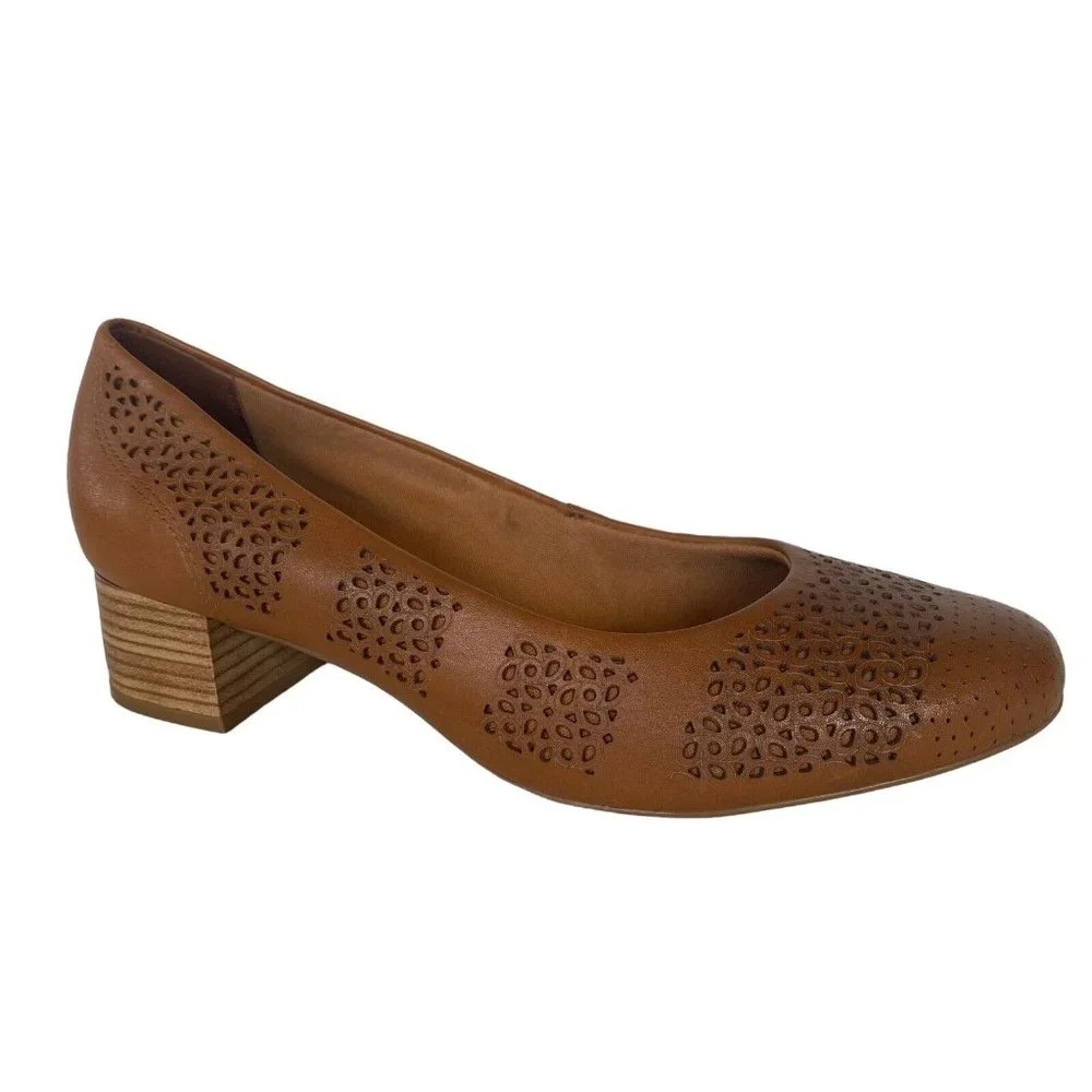 Airflex Women's Size 9 Tan Brown Leather Laser Cut Block Heel Pump Comfort Shoe - Picture 1 of 13